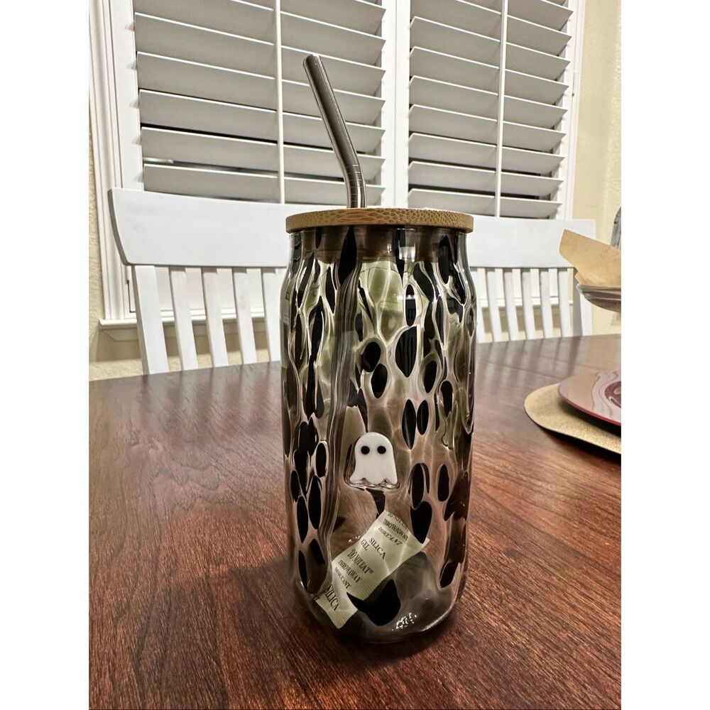 Anthropologie Halloween Brown and White Glass Ghost Iced Coffee Cup With Metal S - Picture 2 of 4